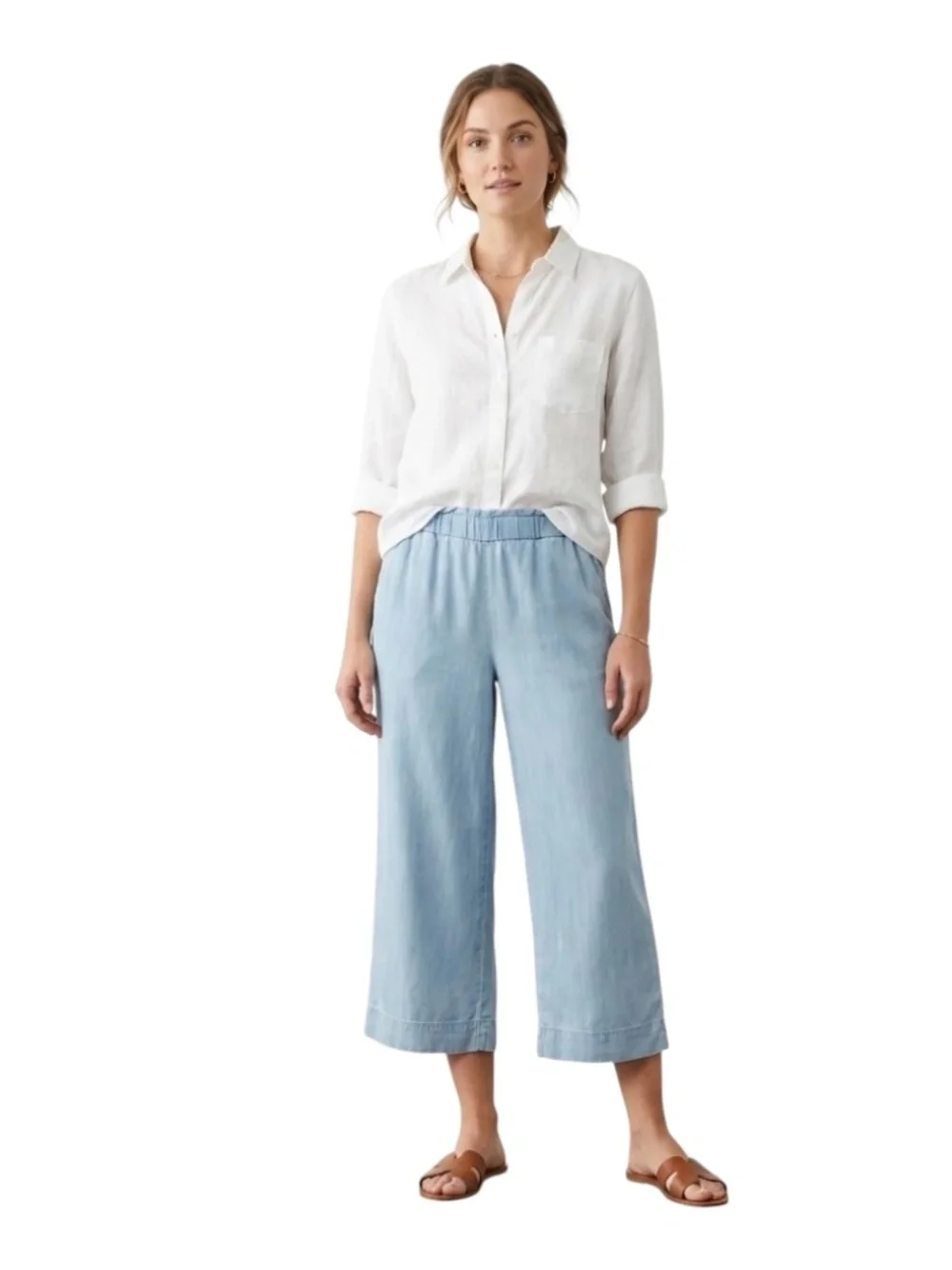 J. Jill Wide-Leg Cropped Pants Sz L Petite Blue Chambray Pull On Comfort Coastal